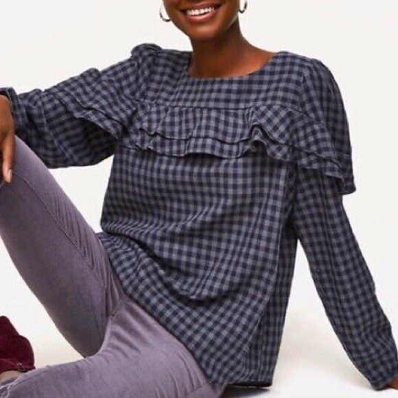 LOFT Tops - Loft Women’s Black Gingham Brushed Cotton Ruffle Blouse Top Large